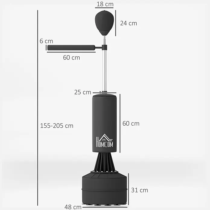 Homcom Boxsack - Schwarz - Schwarzes, freistehendes Boxsack-System mit Speedball, höhenverstellbar (155-205 cm) und Basismaßen.