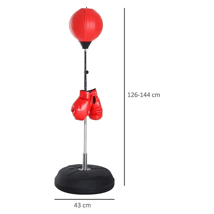 Homcom Boxsack - Rot - Roter freistehender Boxsack mit verstellbarer Höhe (126-144 cm) und roten Boxhandschuhen auf schwarzem Standfuß (43 cm Durchmesser).