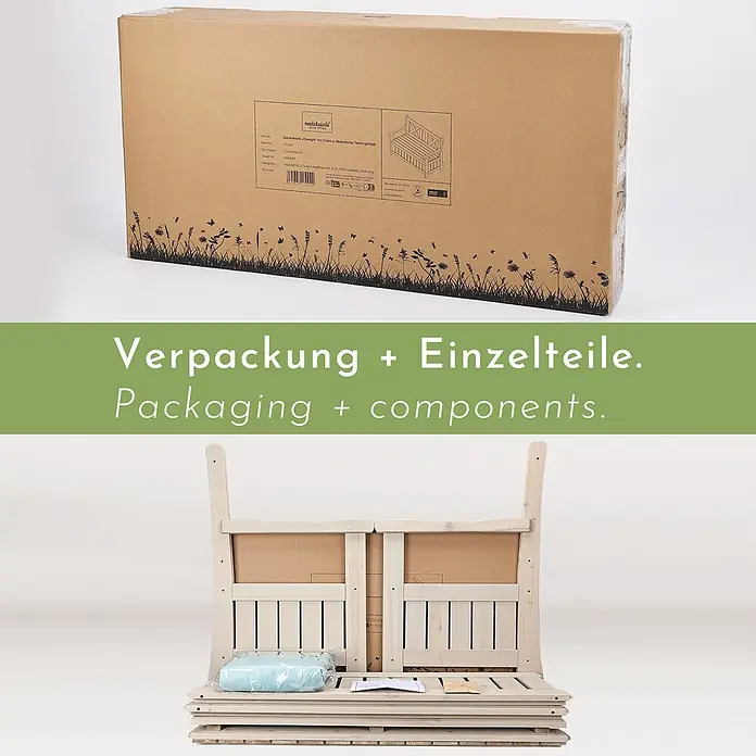 needs&wants Gartenbank Chesty4 - Tannenholz (Cunninghamia lanceolata), Beige - Verpackte und zerlegte Gartenbank 'Chesty4' aus Tannenholz (greige) mit Truhe.