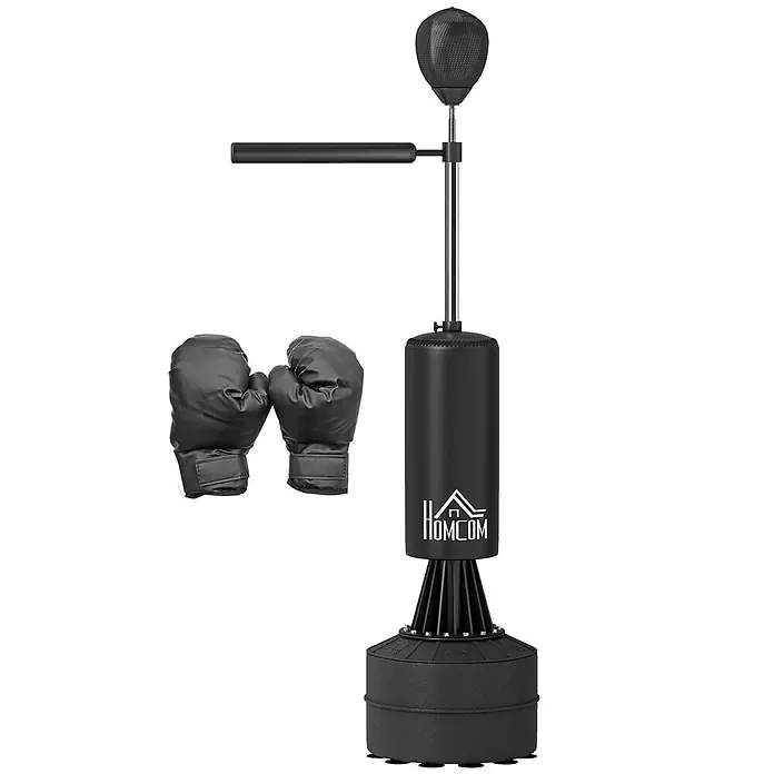 Homcom Boxsack - Schwarz - Schwarzes freistehendes Boxsack-Set mit Speedball, Reflexstange und einem Paar Boxhandschuhen.