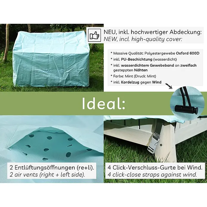 needs&wants Gartenbank Chesty4 - Tannenholz (Cunninghamia lanceolata), Beige - Mintfarbene, wasserdichte Oxford 600D Polyester-Schutzhülle für Gartenmöbel, mit Lüftungsöffnungen, Kordelzug und Klickverschlüssen.