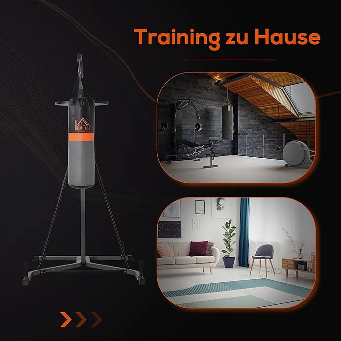 Homcom Boxsack - Schwarz - Grauer und oranger Boxsack auf schwarzem Ständer für Heimtraining.