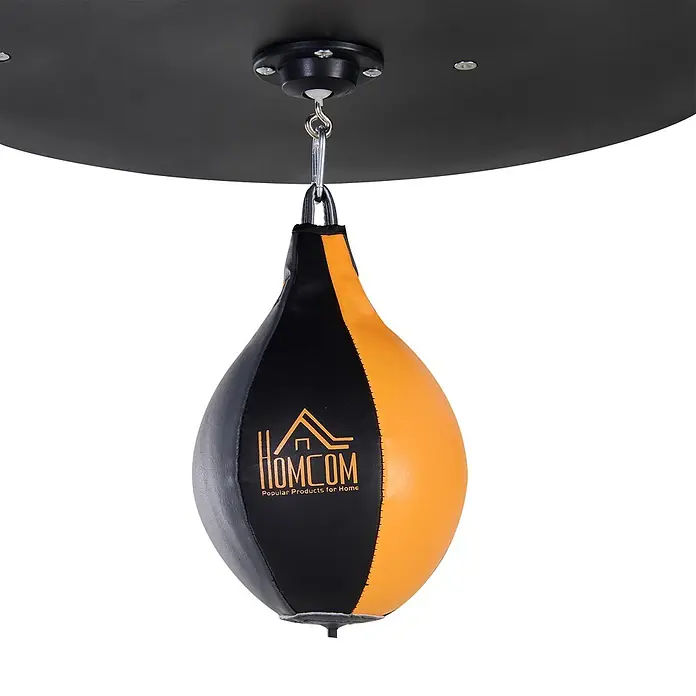 Homcom Boxsack - Schwarz - Schwarz-orangefarbener Speed Bag hängt an einer schwarzen Deckenhalterung.