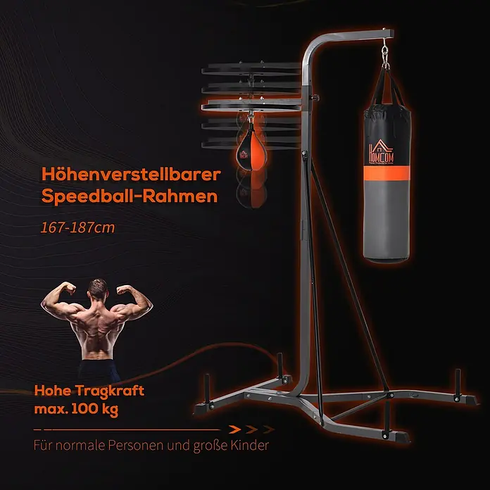 Homcom Boxsack - Schwarz - Schwarzer Boxständer mit verstellbarer Speedball-Plattform und Boxsack, geeignet für verschiedene Benutzer.