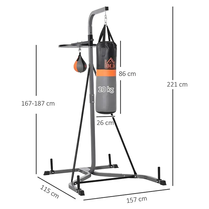 Homcom Boxsack - Schwarz - Grauer Boxständer mit schwarzem und orangefarbenem Sandsack und Speedball für das Heimtraining.