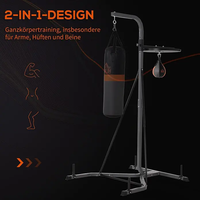 Homcom Boxsack - Schwarz - Dunkelgrauer 2-in-1 Boxständer mit schwarzem/orangem Sandsack und Speedball für Ganzkörpertraining.