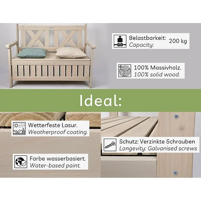 needs&wants Gartenbank Chesty4 - Tannenholz (Cunninghamia lanceolata), Beige - Helle Holz-Gartenbank mit Stauraum, aus Massivholz und wetterfest beschichtet.