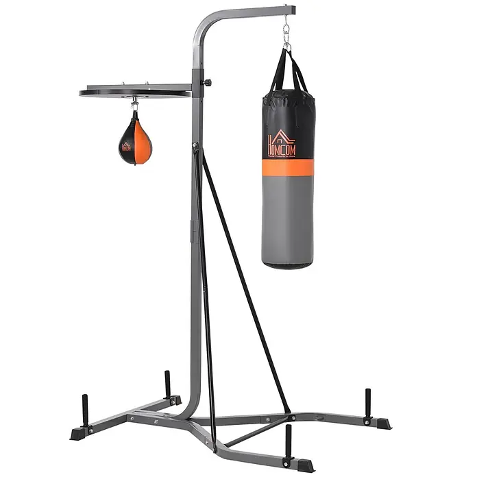 Homcom Boxsack - Schwarz - Grauer Metall-Boxständer mit schwarzem und orangefarbenem Boxsack und Speedbag für Heimfitness.