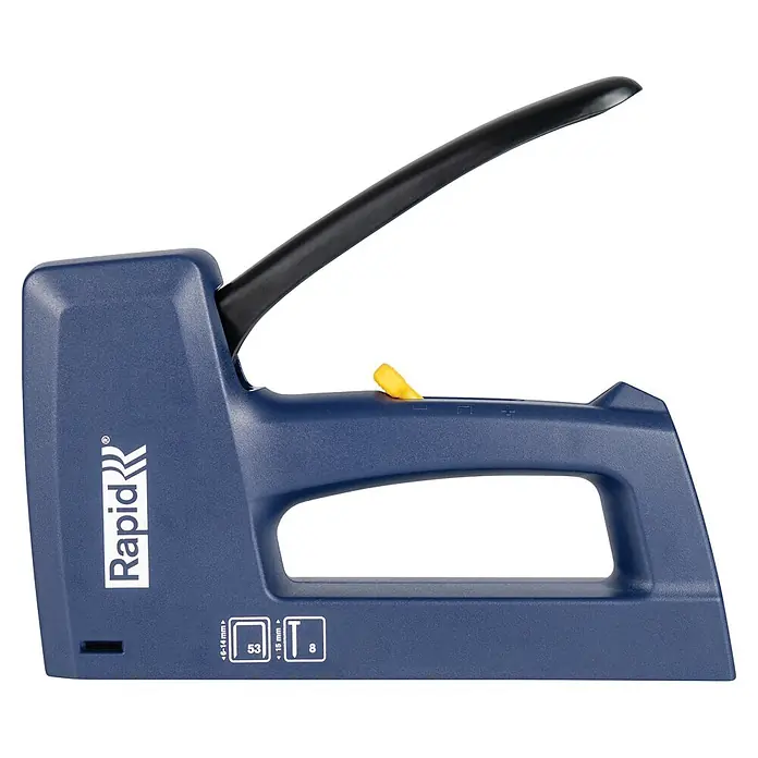 Rapid Grapadora manual MT20 - Profundidad de grapado: 6 mm - 14 mm, Apto para: Piel - Grapadora Rapid azul con mango negro y perilla de ajuste amarilla, que muestra los tipos de grapas 53 y T8.