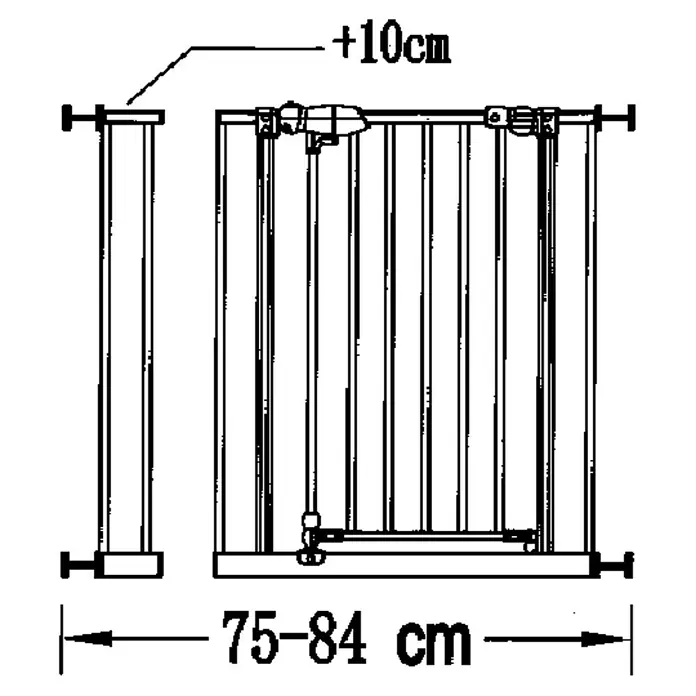 Sicherheitsgitter Premium - Höhe: 75 cm, 65 cm - 104 cm - Abbildung eines Baby-Sicherheitsgitters mit den Maßen 75-84 cm Breite und einer zusätzlichen Erweiterung von 10 cm.