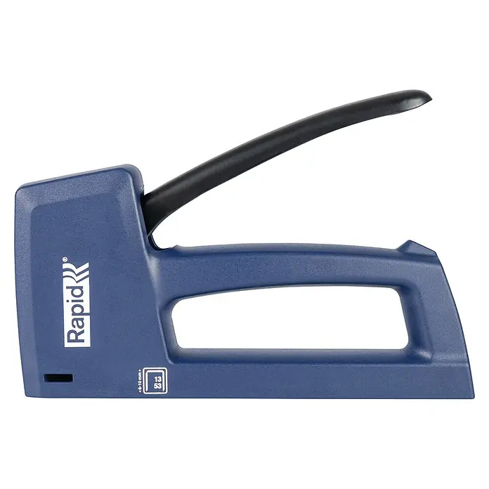 Rapid Grapadora manual MT10 - Profundidad de grapado: 6 mm - 10 mm - Grapadora Rapid azul con cuerpo de plástico texturizado y mango negro, para grapas de 6-10 mm.