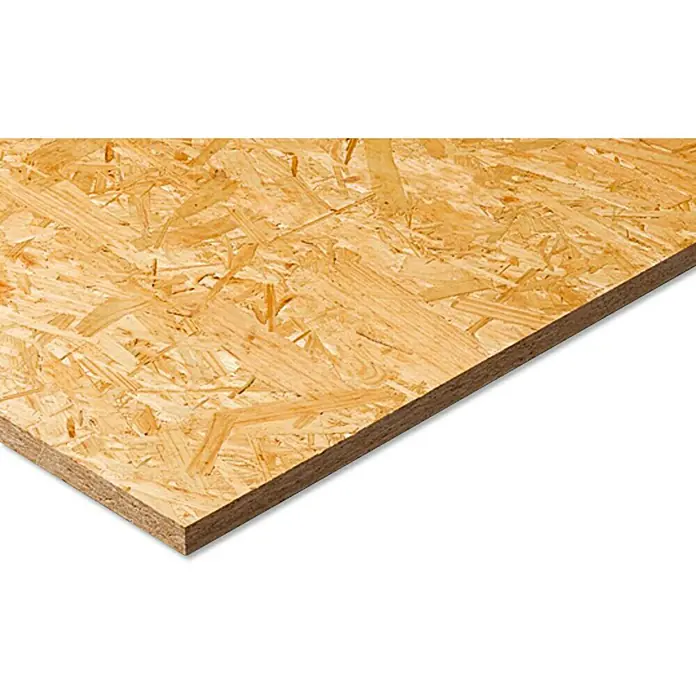 OSB-Platte Fixmaß stumpf - Holzmix, 2.500 x 1.250 x 15 mm - Nahaufnahme einer OSB-Platte, die die Textur und Zusammensetzung des Holzwerkstoffs hervorhebt.