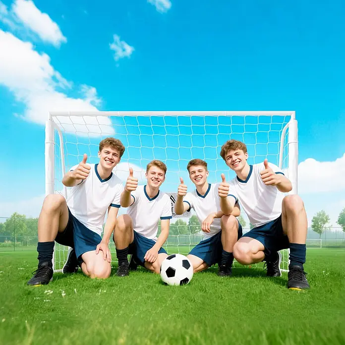 Homcom Fußballtor - Weiß, Metall - Vier Fußballspieler in weiß-blauen Trikots, kniend vor Ball & Tor, lächeln mit Daumen hoch.