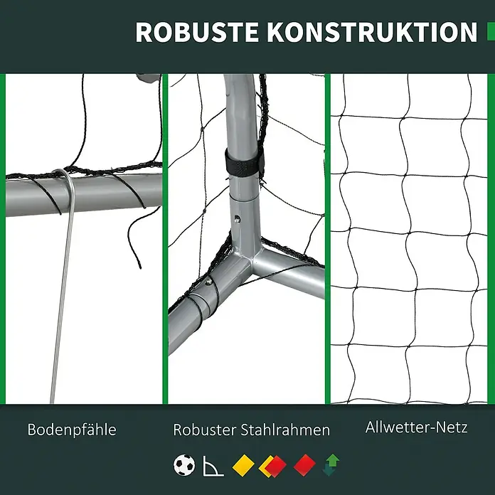 Sportnow Fußballtor - Grau, Stahl - Detaillierte Ansichten einer robusten Fußballtor-Konstruktion: Bodenpfähle, stabiler Stahlrahmen und strapazierfähiges Allwetter-Netz.