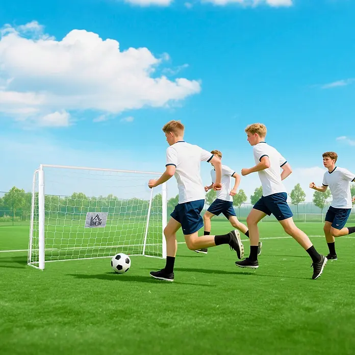 Homcom Fußballtor - Weiß, Metall - Weißes Fußballtor mit Ball und Spielern beim Training.