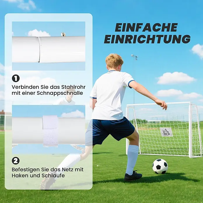 Homcom Fußballtor - Weiß, Metall - Weißes Fußballtor mit Montageanleitung, die die Verbindung von Stahlrohren und die Netzbefestigung mit Klettverschlüssen zeigt. Einfacher Aufbau zum Spielen.