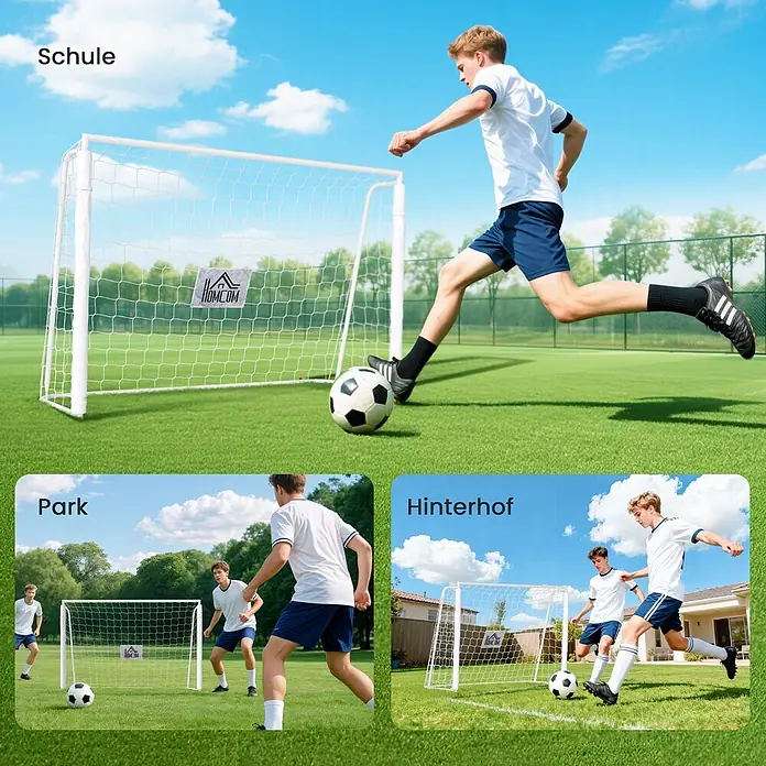 Homcom Fußballtor - Weiß, Metall - Weißes Fußballtor mit Netz, von Personen beim Fußballspielen in verschiedenen Außenbereichen wie Schule, Park und Garten genutzt.