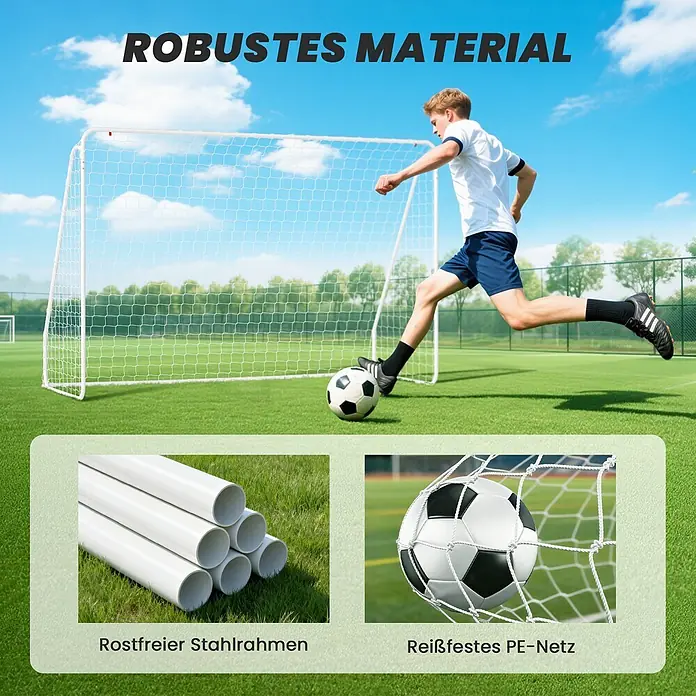 Homcom Fußballtor - 301 x 120 x 200 cm, Weiß - Weißes Fußballtor mit Spieler, der einen Ball schießt. Robuster Edelstahlrahmen und reißfestes PE-Netz.