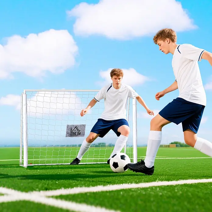 Homcom Fußballtor - Weiß, Metall - Weißes Fußballtor mit Netz, von zwei jungen Spielern zum Fußballspielen genutzt.