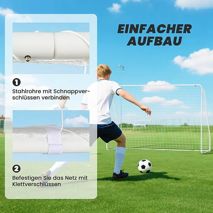 Homcom Fußballtor - 301 x 120 x 200 cm, Weiß - Weißes Fußballtor mit Netz. Einblendungen zeigen Rohrverbindungen und Netzbefestigung mit Klettverschluss für einfachen Aufbau.