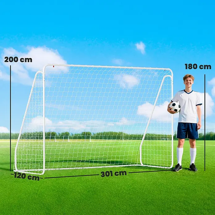 Homcom Fußballtor - 301 x 120 x 200 cm, Weiß - Weißes Fußballtor mit Netz. Maße 301x200x120 cm sind gezeigt, mit 180 cm großem Jungen zur Orientierung.