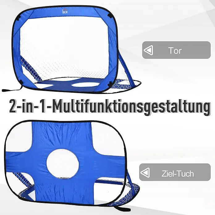 Homcom Fußballtor - 123 x 80 x 80 cm, Blau - Blaues 2-in-1 Pop-up-Fußballtor mit weißem Netz, gezeigt als normales Tor und mit einer angebrachten Zielscheibe mit Mittelloch.