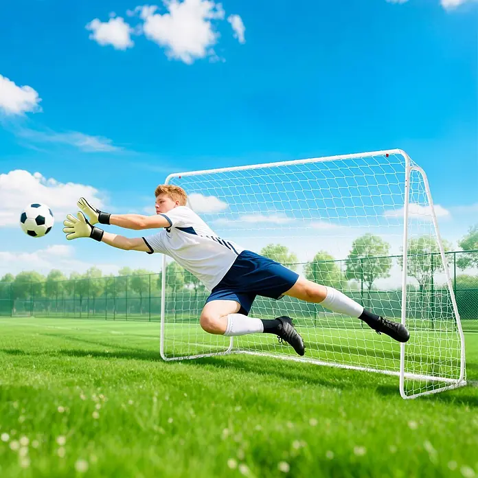 Homcom Fußballtor - 301 x 120 x 200 cm, Weiß - Weißes Fußballtor mit Netz, von einem Torwart beim Hechtsprung nach einem Ball auf grünem Feld genutzt.