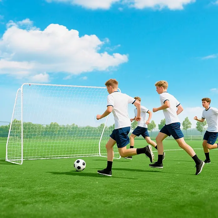 Homcom Fußballtor - 301 x 120 x 200 cm, Weiß - Weißes Fußballtor mit Netz, im Einsatz während eines Fußballspiels.