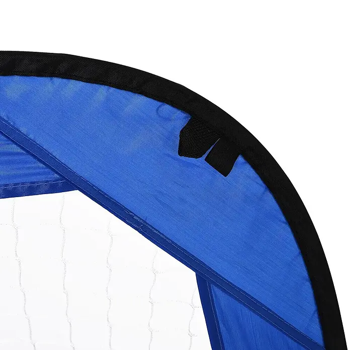 Homcom Fußballtor - 123 x 80 x 80 cm, Blau - Nahaufnahme eines blauen Pop-up-Fußballtors mit schwarzem Rand und weißem Netz.