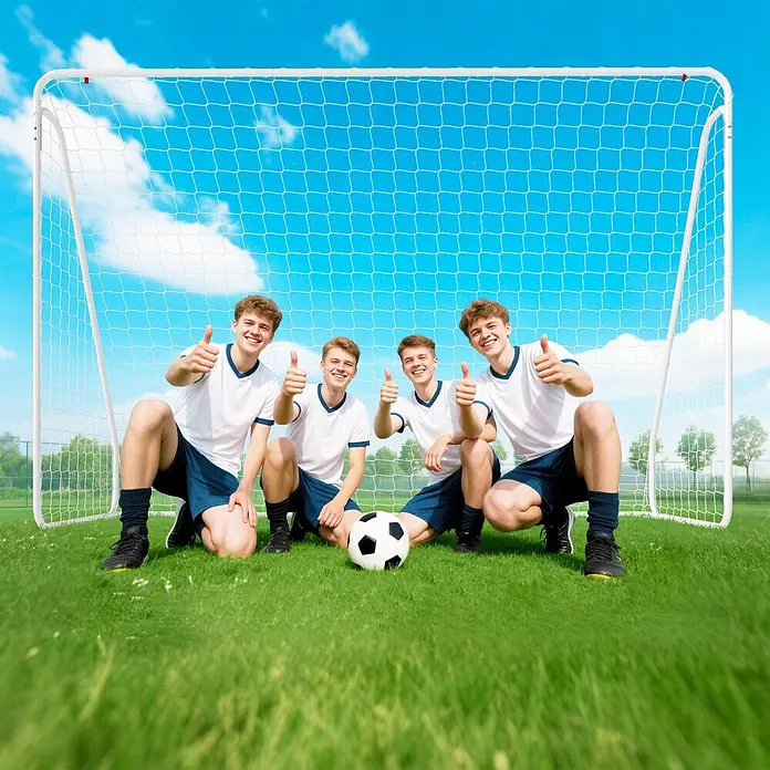 Homcom Fußballtor - 301 x 120 x 200 cm, Weiß - Weißes Fußballtor, vier Spieler, die Daumen hoch zeigen, ein Ball liegt daneben.