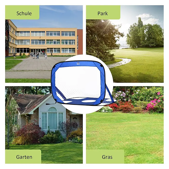 Homcom Fußballtor - 123 x 80 x 80 cm, Blau - Blaues faltbares Fußballtor für draußen, gezeigt auf Schulhof, Park, Garten und Wiese.