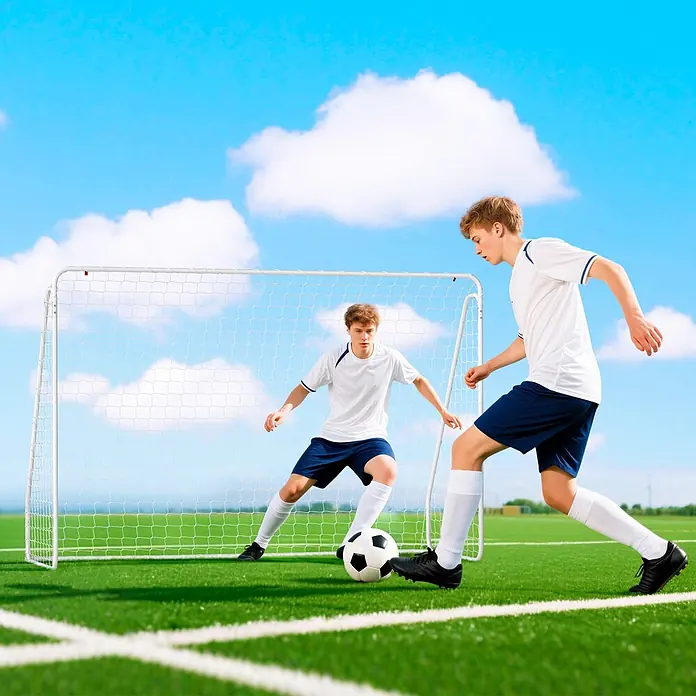 Homcom Fußballtor - 301 x 120 x 200 cm, Weiß - Zwei junge Fußballspieler in weiß-blauen Trikots. Einer dribbelt einen Ball zum Tor, der andere verteidigt.