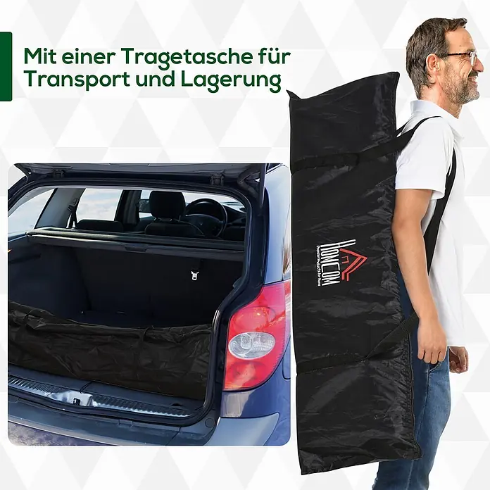 Homcom Fußballtor - Schwarz, Metall - Schwarze Tragetasche für einfachen Transport und Lagerung, im Kofferraum und von einer Person getragen gezeigt.