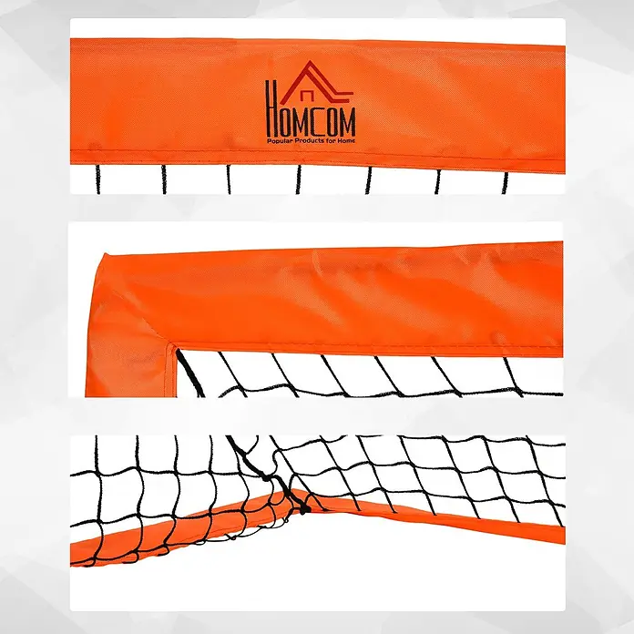 Homcom Fußballtor - Orange, Metall - Nahaufnahme eines orangefarbenen Fußballtorrahmens aus Stoff mit schwarzem Netz, der Nähte und das 'HOMCOM'-Logo zeigt.