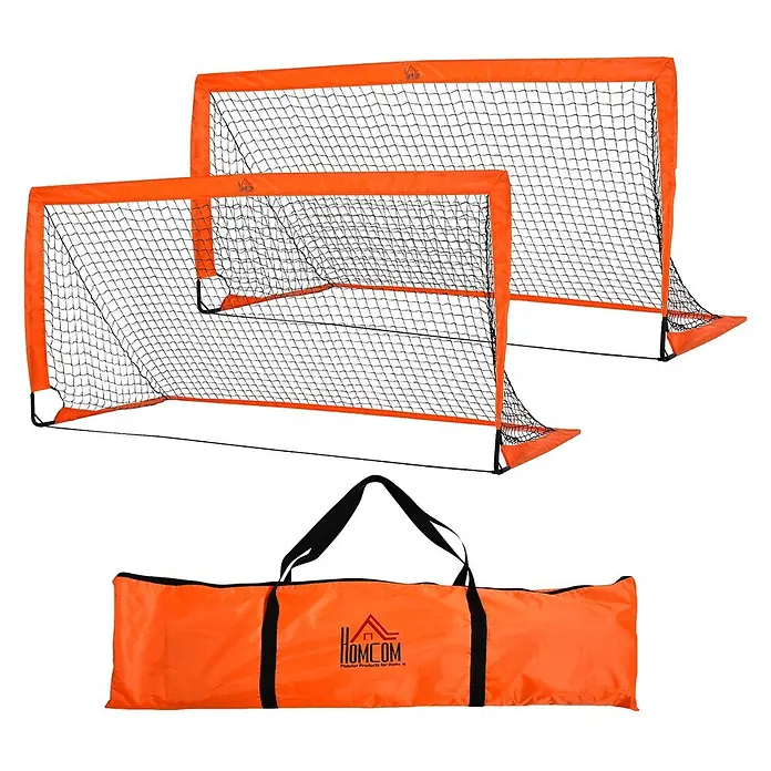 Homcom Fußballtor - Orange, Metall - Zwei orange Pop-up-Fußballtore mit schwarzen Netzen, ein größeres und ein kleineres, sowie eine orangefarbene HOMCOM Tragetasche.