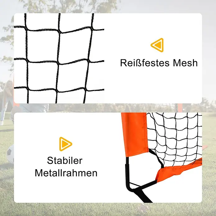 Homcom Fußballtor - Orange, Metall - Tragbares Fußballtor Merkmale: reißfestes schwarzes Netz und stabiler schwarzer Metallrahmen mit orangefarbenem Stoff.