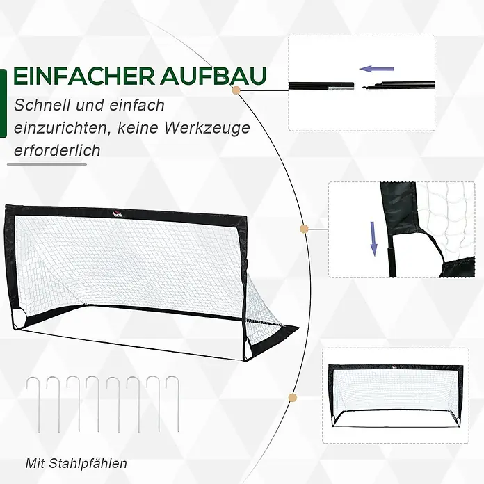 Homcom Fußballtor - Schwarz, Metall - Tragbares Fußballtor mit schwarzem Rahmen und weißem Netz, einfacher Aufbau, inklusive Stahlpfählen.