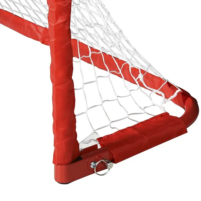 Homcom Fußballtor - Rot, Metall - Rotes und weißes Fußballtor, untere Ecke mit robustem rotem Rahmen, weißem Netz und Metallverschlussstift.