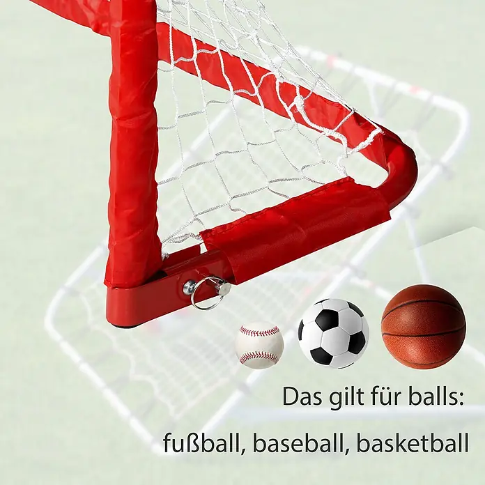 Homcom Fußballtor - Rot, Metall - Rote Fußballtor-Ecke mit weißem Netz, zeigt Baseball, Fußball, Basketball und deutschen Text über Ballarten.
