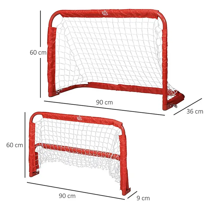 Homcom Fußballtor - Rot, Metall - Zwei rote Fußballtore mit weißen Netzen, 90x60 cm, gezeigt mit 36 cm und 9 cm tiefen Basen.