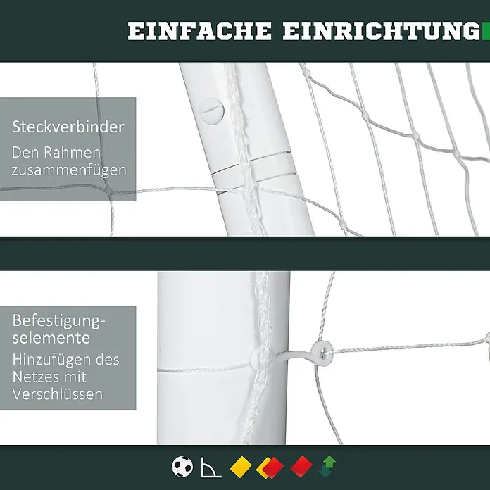 Sportnow Fußballtor - Weiß, Kunststoff - Detailansicht der einfachen Montage eines weißen Fußballtores: Rahmenverbindung per Steckverbinder und Netzbefestigung mit Verschlüssen.