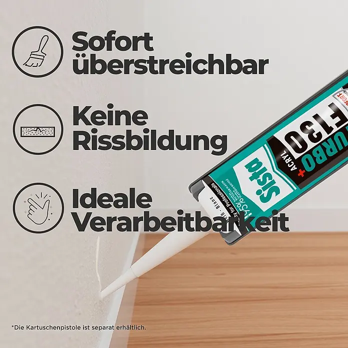 Sista Acryl Turbo F130 - Weiß, 300 ml - Sista F130 Turbo+ Acryl Dichtstoffkartusche trägt weißen Dichtstoff auf eine Wand-Boden-Fuge auf, zeigt leichte Verarbeitung.