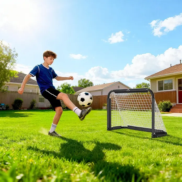 Homcom Fußballtor - Schwarz, Metall - Ein Junge tritt einen Fußball auf ein schwarz-weißes tragbares Fußballtor.