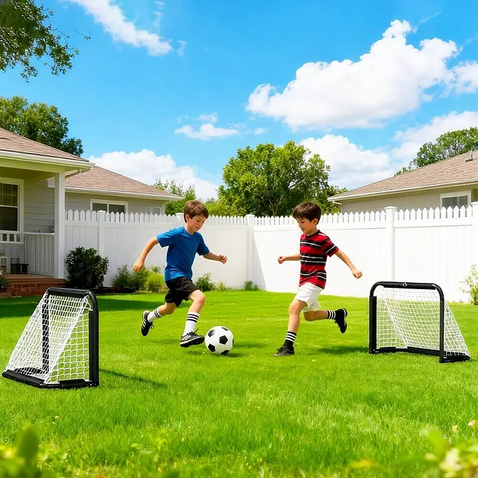 Homcom Fußballtor - Schwarz, Metall - Zwei Jungen spielen Fußball mit zwei tragbaren schwarz-weißen Mini-Fußballtoren und einem klassischen schwarz-weißen Fußball.