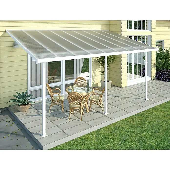 Solid Elements Terrassenüberdachung Martina - B x T: 546 x 300 cm, Verkehrsweiß, Polycarbonat, Transparent - Eine Terrassenüberdachung mit Tisch und Stühlen. Das moderne Design schützt vor Sonne und Regen und bietet einen gemütlichen Platz im Freien.