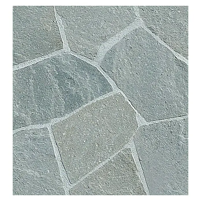 Polygonalplatte - Quarzit, Lieferumfang: ca. 10 m² - Nahaufnahme von unregelmäßigen grauen Steinplatten, die einen rustikalen Bodenbelag bilden, ideal für Außenbereiche.