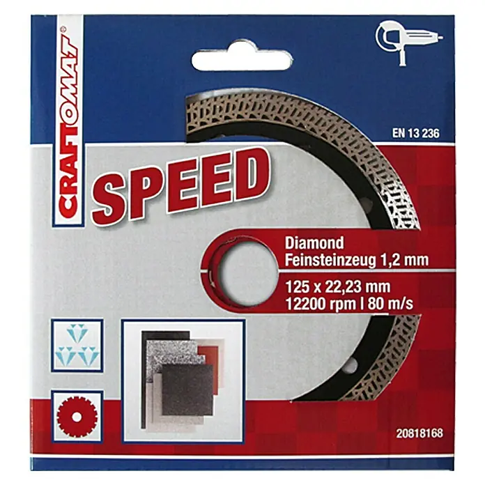 Craftomat Disco de corte - Ø x Es: 125 x 1,2 mm, Orificio: 22,23 mm - Embalaje de un disco de corte Craftomat Speed, adecuado para gres porcelánico, con un diámetro de 125 mm y un espesor de 1,2 mm.