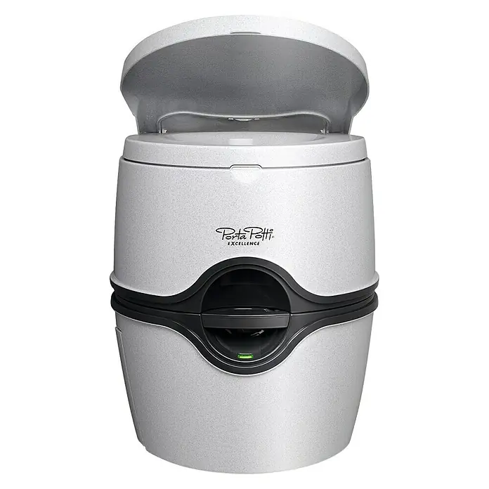 Thetford Campingtoilette Porta Potti Excellence 565E - L x B x H: 45 x 38,8 x 44,8 cm, Tragbar, Elektrische Wasserspülung - Das Bild zeigt eine tragbare Porta Potti Excellence Toilette in Grau mit geöffnetem Deckel, ideal für Camping und Reisen.