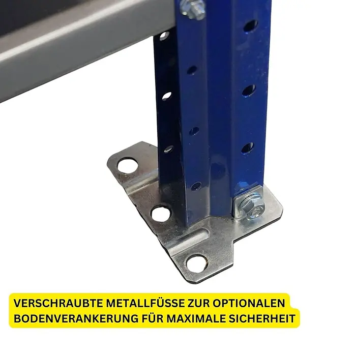 Proregal Schwerlastregal DOMINUS 2er Set mit Spanplatten - H x B x T: 300 x 240 x 40 cm, Traglast pro Boden: 332 kg, Anzahl Böden: 4 Stk., Stecken, Blau/Orange - Basis eines blauen Regals mit verschraubten Metallfüßen zur optionalen Bodenverankerung für maximale Sicherheit.