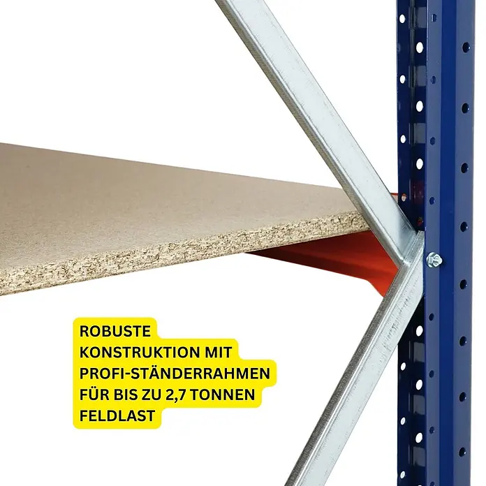 Proregal Schwerlastregal DOMINUS 3er Set mit Stahlplatten - Traglast pro Boden: 332 kg, Anzahl Böden: 6 Stk., Stecken, Blau/Orange - Robustes Schwerlastregal: blauer Ständer, silberne Strebe, Spanplattenboden für hohe Lasten.